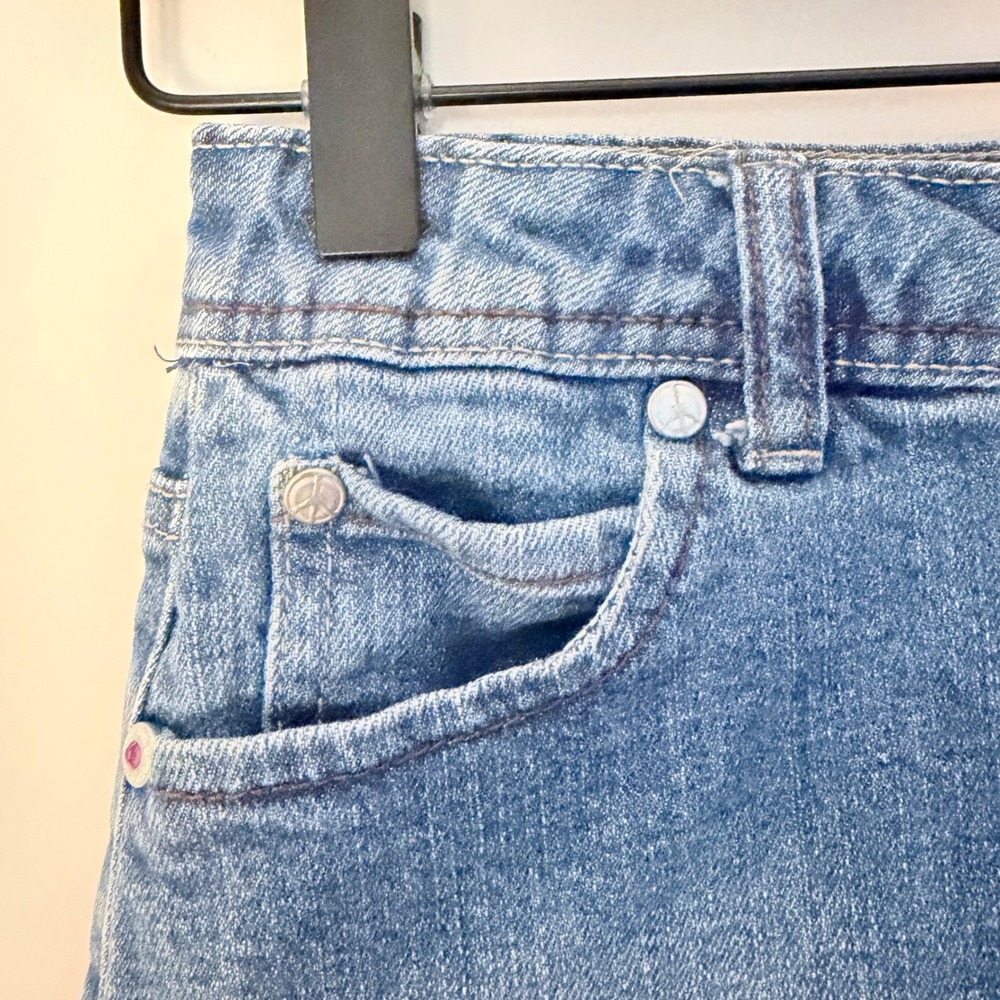 Vintage Y2K Denim Mini Skirt Peace Sign Embellished Pink Jewels All Girl SZ XS - Picture 5 of 8